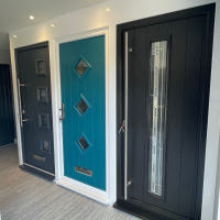 Art on Glass showroom featuring Solidor front doors and accessories